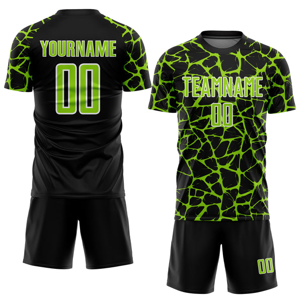 Custom Black Neon Green-White Abstract Network Splash Sublimation Soccer Uniform Jersey