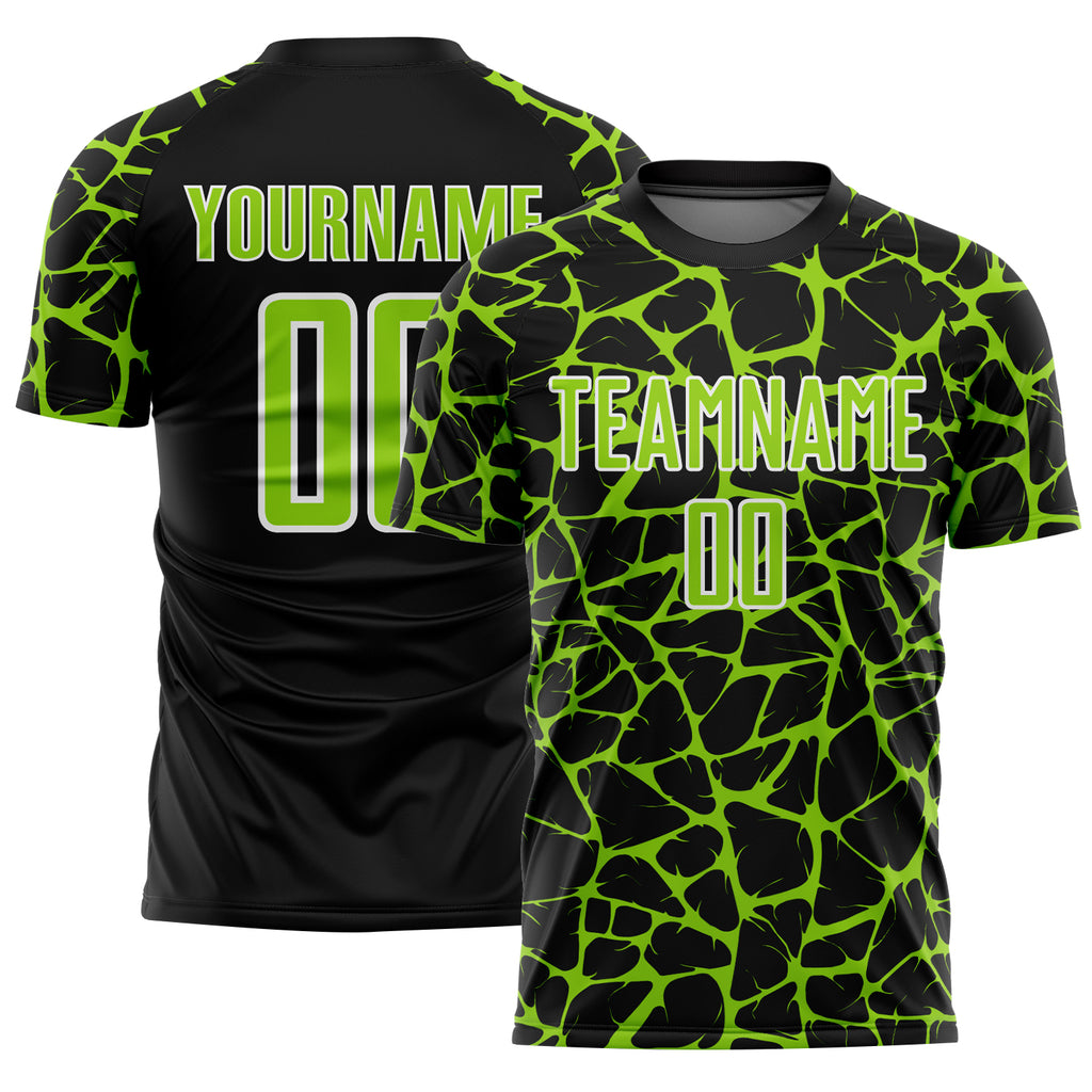 Custom Black Neon Green-White Abstract Network Splash Sublimation Soccer Uniform Jersey