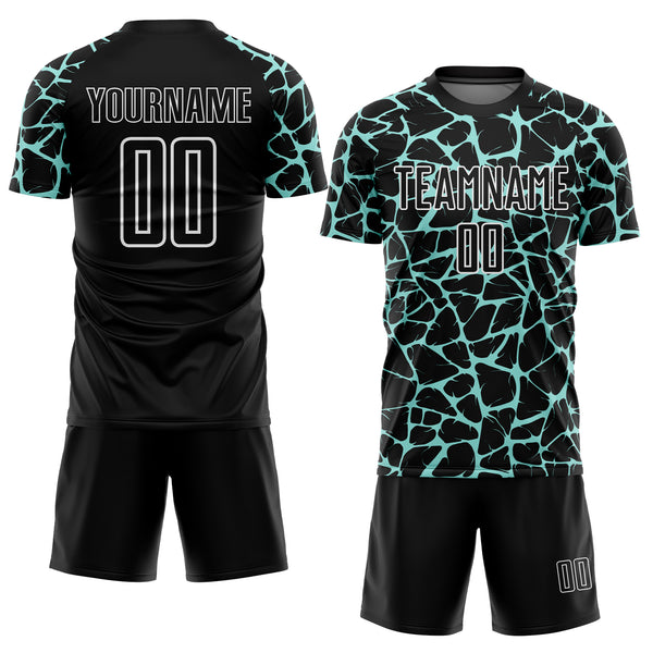 Custom Black Ice Blue-White Abstract Network Splash Sublimation Soccer Uniform Jersey