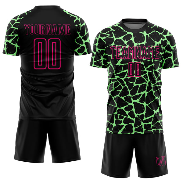 Custom Black Pea Green-Hot Pink Abstract Network Splash Sublimation Soccer Uniform Jersey