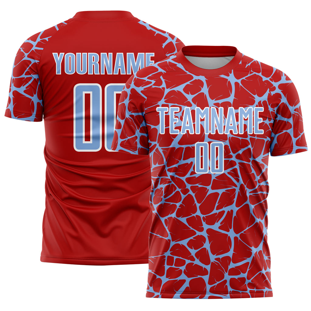 Custom Red Light Blue-White Abstract Network Splash Sublimation Soccer Uniform Jersey