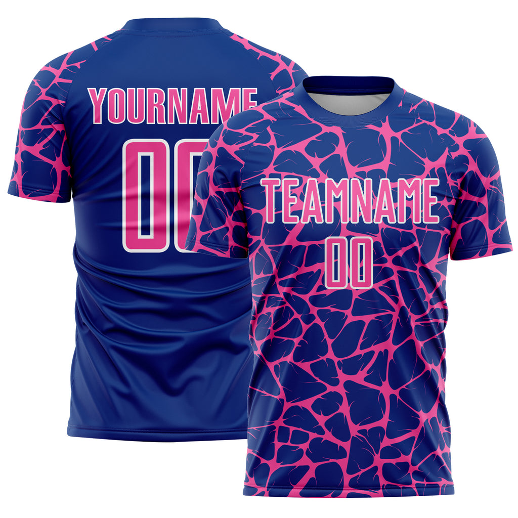 Custom Royal Pink-White Abstract Network Splash Sublimation Soccer Uniform Jersey