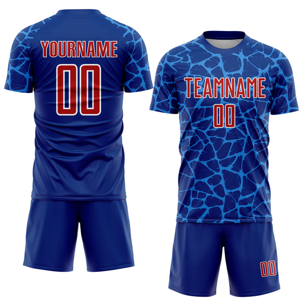 Custom Royal Red-Powder Blue Abstract Network Splash Sublimation Soccer Uniform Jersey