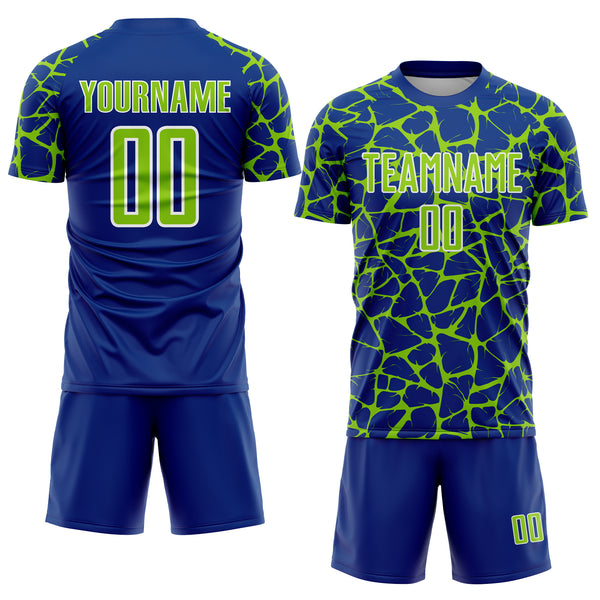 Custom Royal Neon Green-White Abstract Network Splash Sublimation Soccer Uniform Jersey