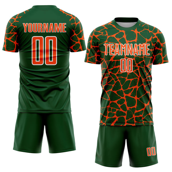 Custom Green Orange-White Abstract Network Splash Sublimation Soccer Uniform Jersey