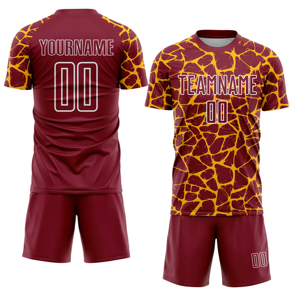 Custom Crimson Gold-White Abstract Network Splash Sublimation Soccer Uniform Jersey