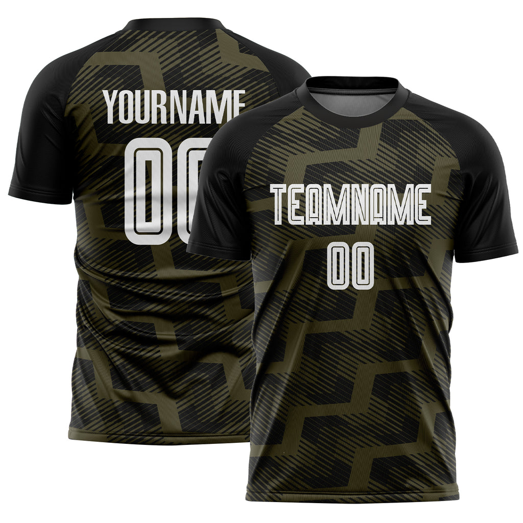 Custom Black White-Olive Line Sublimation Soccer Uniform Jersey