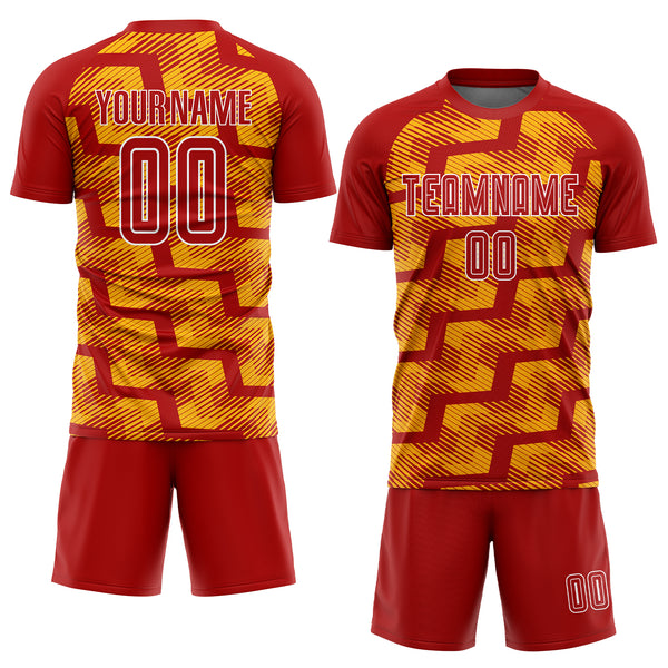 Custom Red Gold-White Line Sublimation Soccer Uniform Jersey