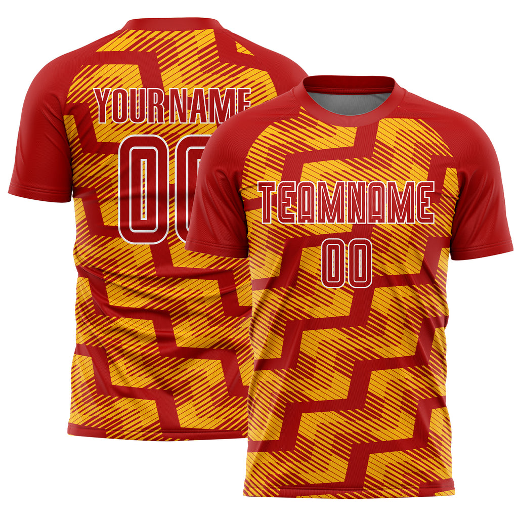 Custom Red Gold-White Line Sublimation Soccer Uniform Jersey