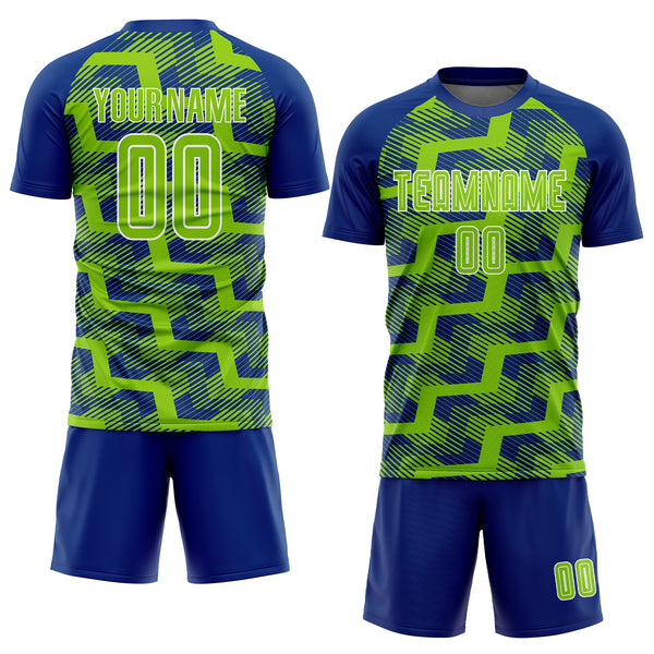 Custom Royal Neon Green-White Line Sublimation Soccer Uniform Jersey