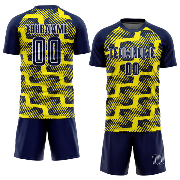 Custom Navy Light Yellow-White Line Sublimation Soccer Uniform Jersey