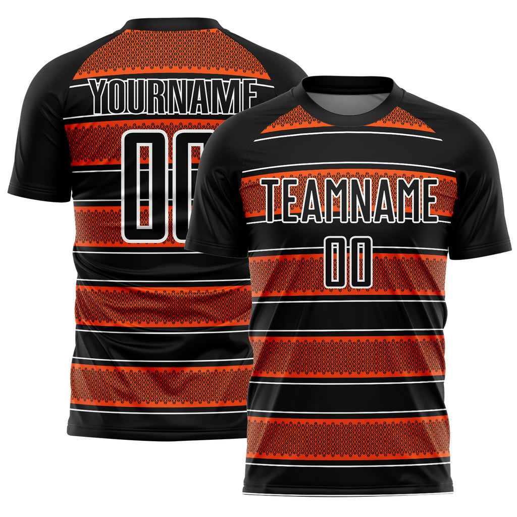 Custom Black Orange-White Geometric Shapes And Line Sublimation Soccer Uniform Jersey