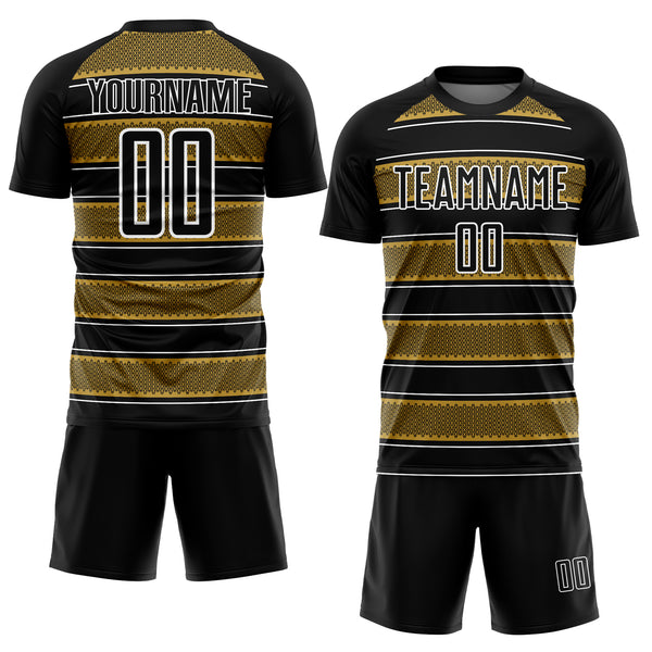 Custom Black Old Gold-White Geometric Shapes And Line Sublimation Soccer Uniform Jersey