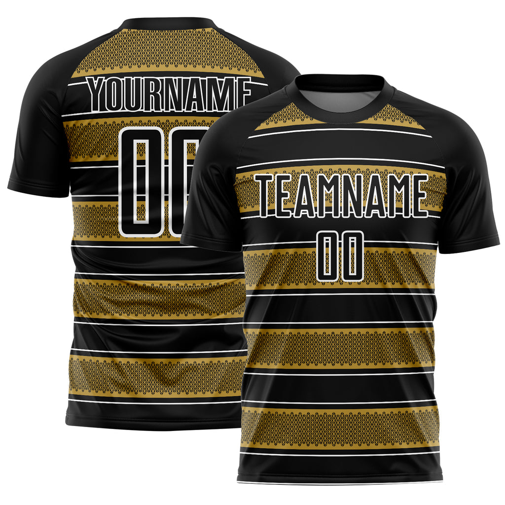 Custom Black Old Gold-White Geometric Shapes And Line Sublimation Soccer Uniform Jersey