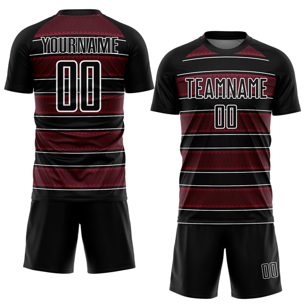 Custom Black Crimson-White Geometric Shapes And Line Sublimation Soccer Uniform Jersey