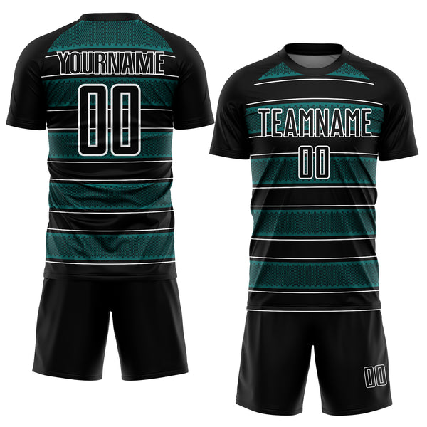 Custom Black Teal-White Geometric Shapes And Line Sublimation Soccer Uniform Jersey