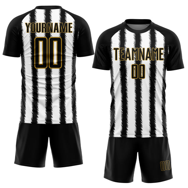 Custom Black White-Old Gold Line Sublimation Soccer Uniform Jersey