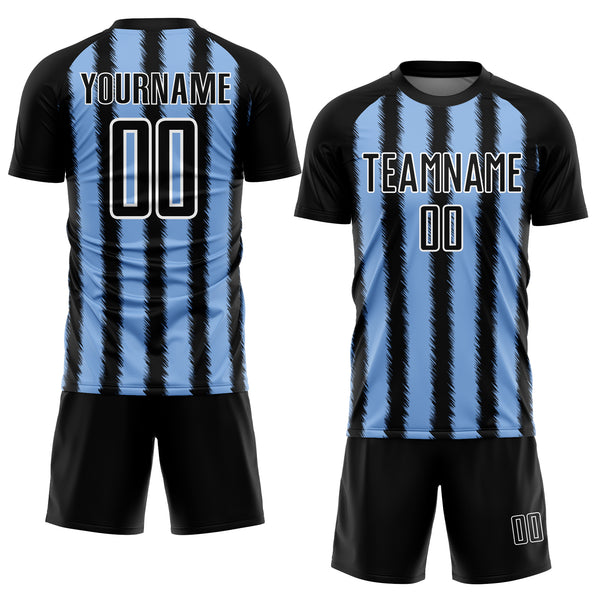 Custom Black Light Blue-White Line Sublimation Soccer Uniform Jersey