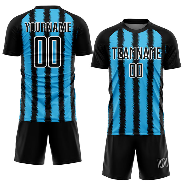 Custom Black Sky Blue-White Line Sublimation Soccer Uniform Jersey