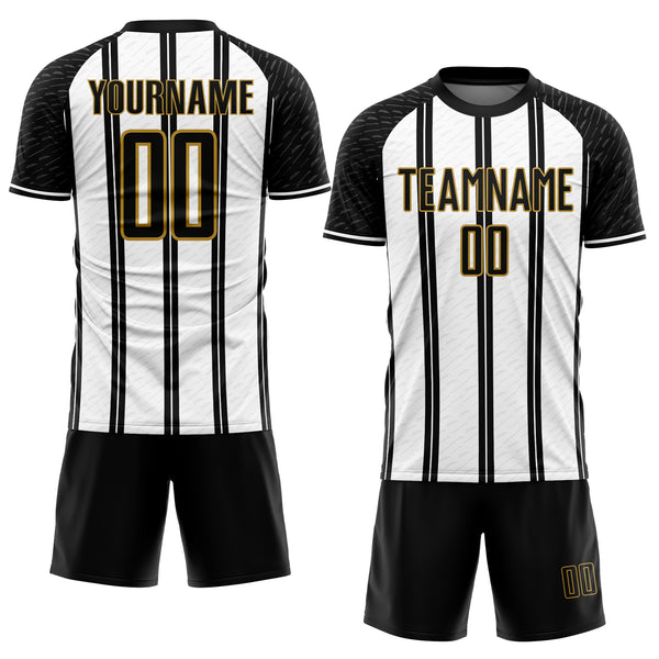 Custom Black White-Old Gold Line Sublimation Soccer Uniform Jersey