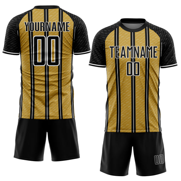 Custom Black Old Gold-White Line Sublimation Soccer Uniform Jersey