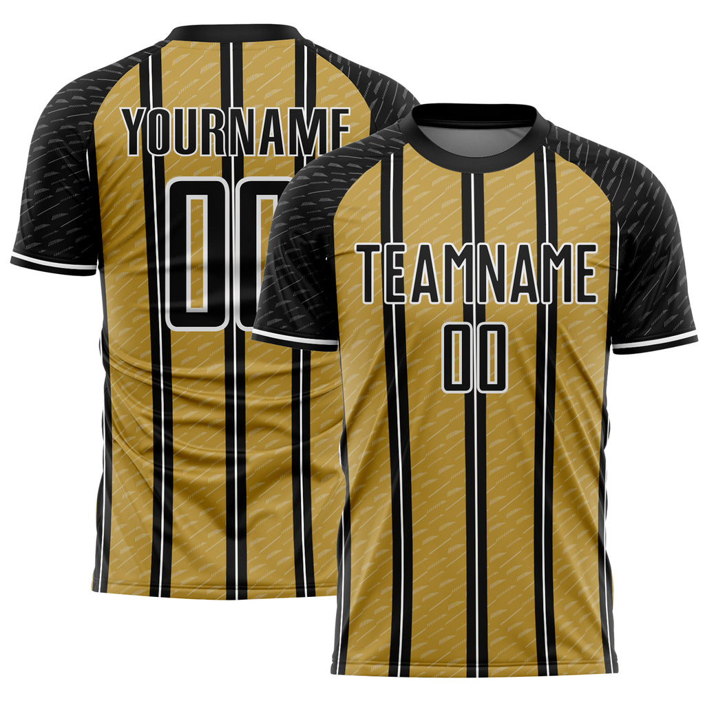 Custom Black Old Gold-White Line Sublimation Soccer Uniform Jersey