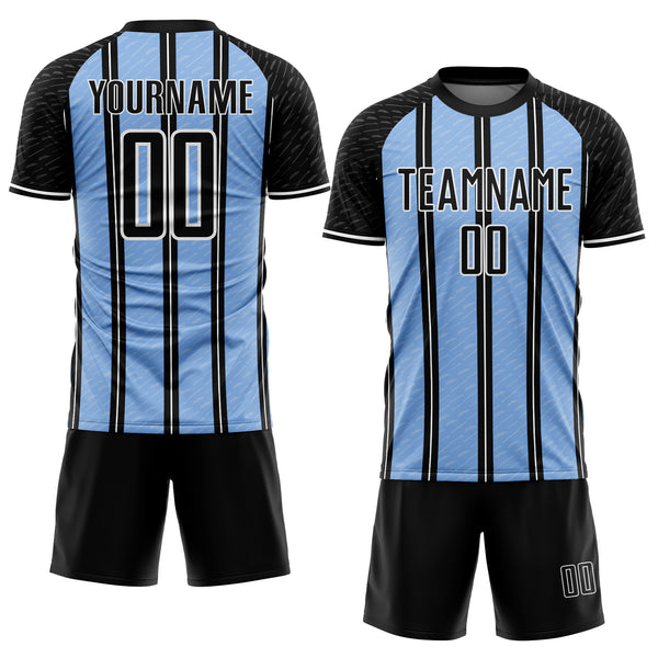 Custom Black Light Blue-White Line Sublimation Soccer Uniform Jersey