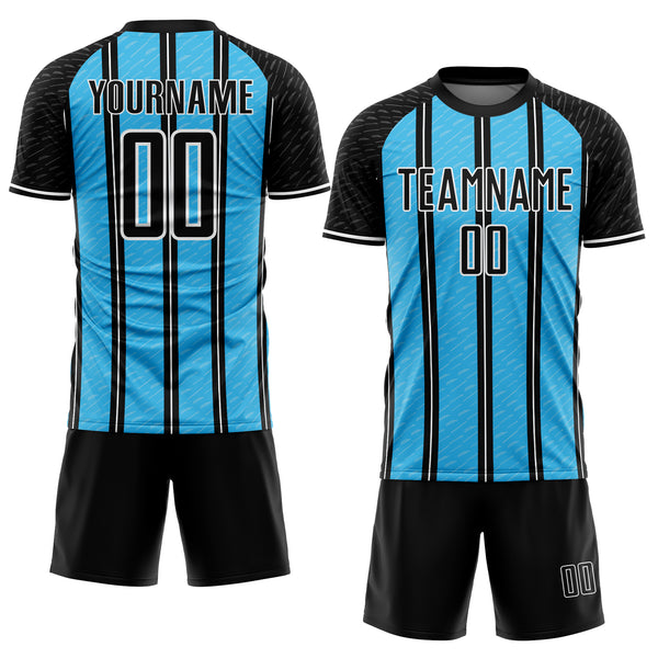 Custom Black Sky Blue-White Line Sublimation Soccer Uniform Jersey