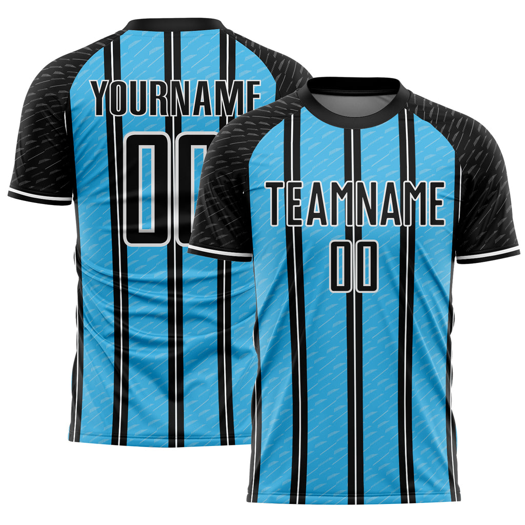 Custom Black Sky Blue-White Line Sublimation Soccer Uniform Jersey