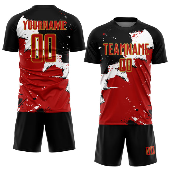 Custom Black Red-Old Gold Spalsh Sublimation Soccer Uniform Jersey