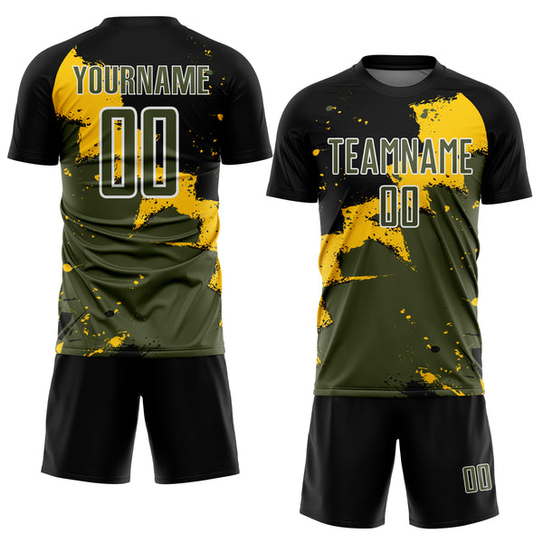 Custom Black Olive-Yellow Spalsh Sublimation Soccer Uniform Jersey