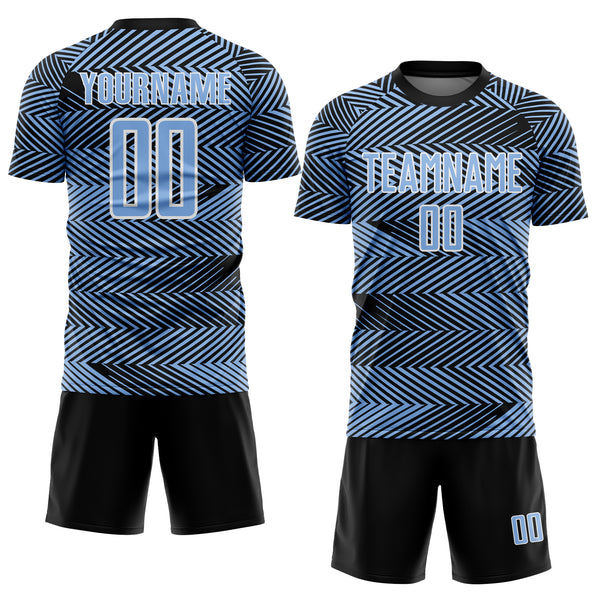 Custom Light Blue Black-White Line Sublimation Soccer Uniform Jersey