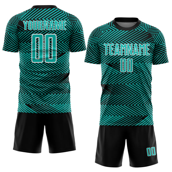 Custom Aqua Black-White Line Sublimation Soccer Uniform Jersey