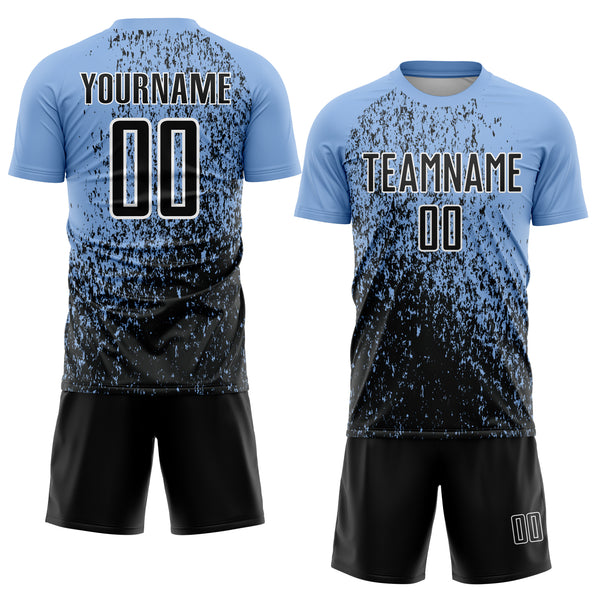 Custom Light Blue Black-White Abstract Fragment Art Sublimation Soccer Uniform Jersey