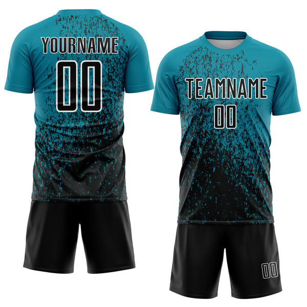 Custom Teal Black-White Abstract Fragment Art Sublimation Soccer Uniform Jersey