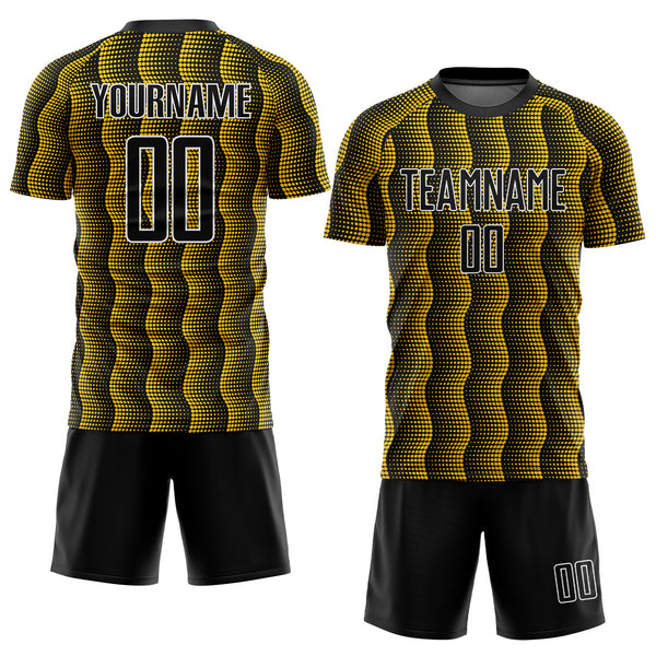 Custom Black Yellow-White Geometric Shape Sublimation Soccer Uniform Jersey