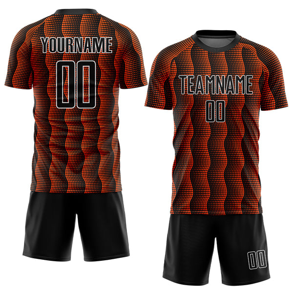 Custom Black Orange-White Geometric Shape Sublimation Soccer Uniform Jersey