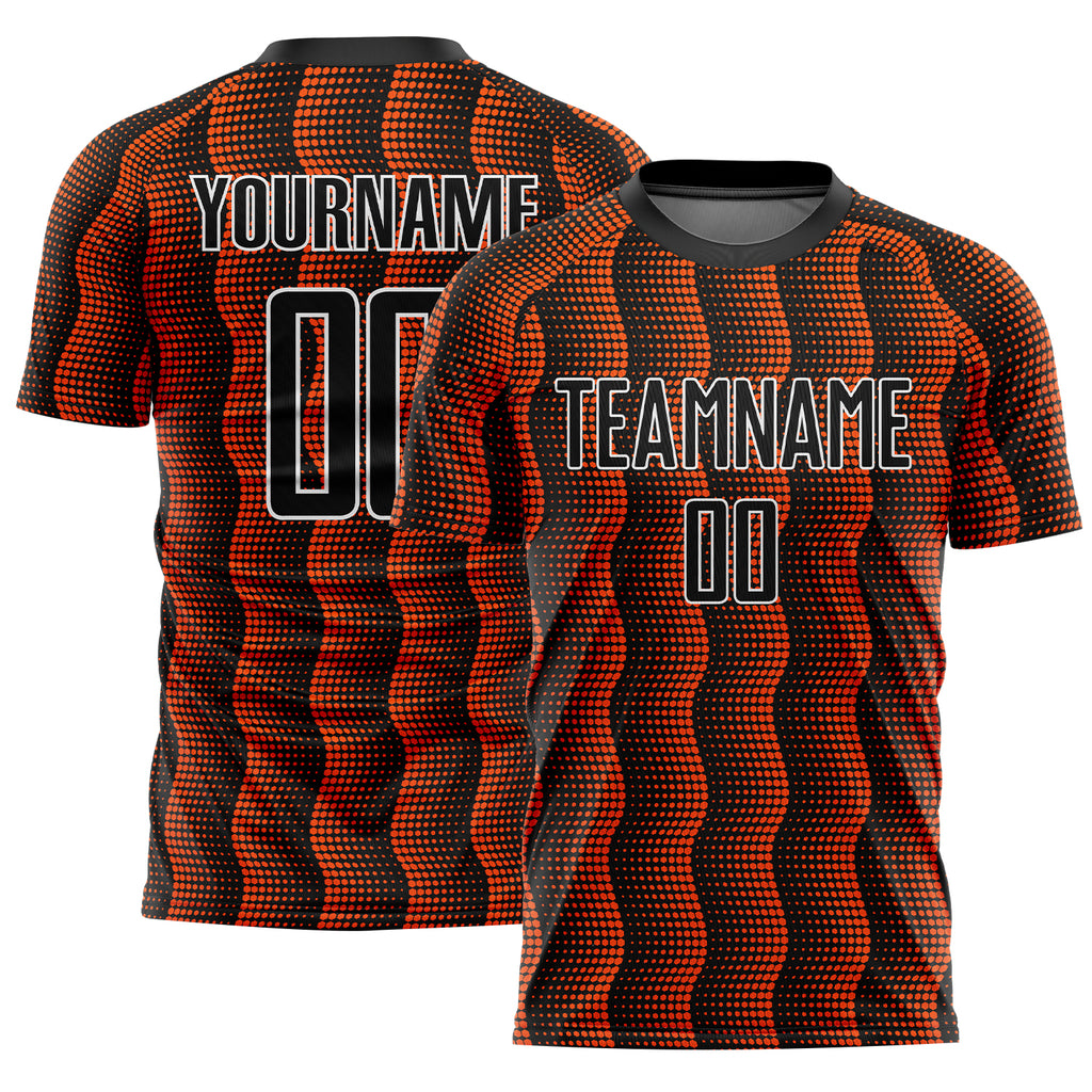 Custom Black Orange-White Geometric Shape Sublimation Soccer Uniform Jersey