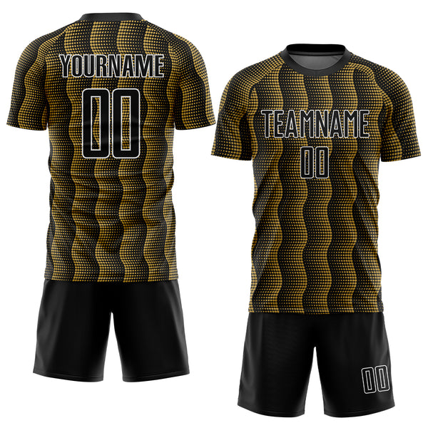 Custom Black Old Gold-White Geometric Shape Sublimation Soccer Uniform Jersey