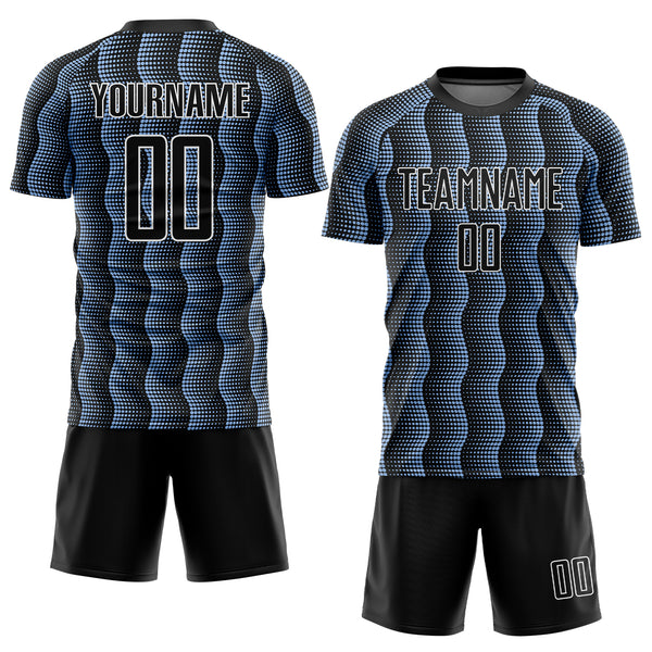 Custom Black Light Blue-White Geometric Shape Sublimation Soccer Uniform Jersey