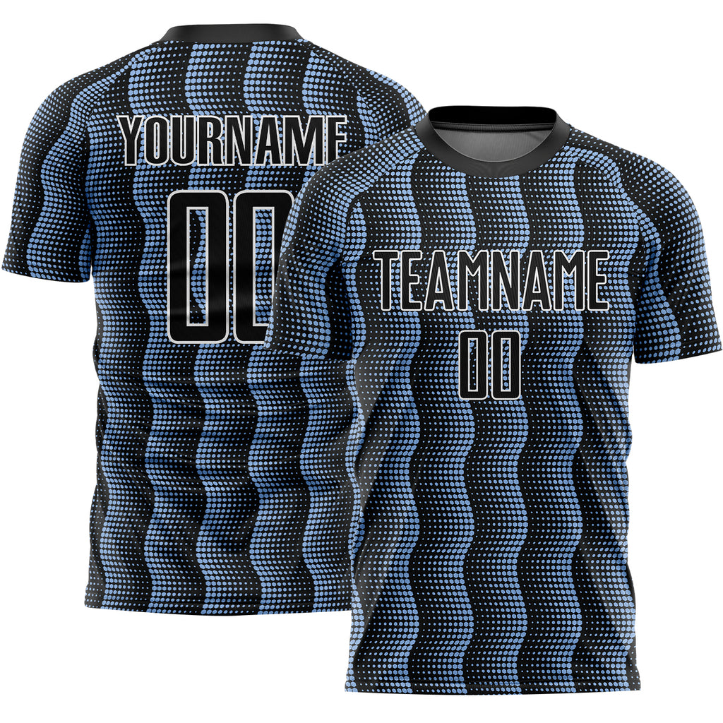 Custom Black Light Blue-White Geometric Shape Sublimation Soccer Uniform Jersey