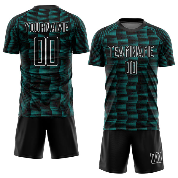 Custom Black Teal-White Geometric Shape Sublimation Soccer Uniform Jersey