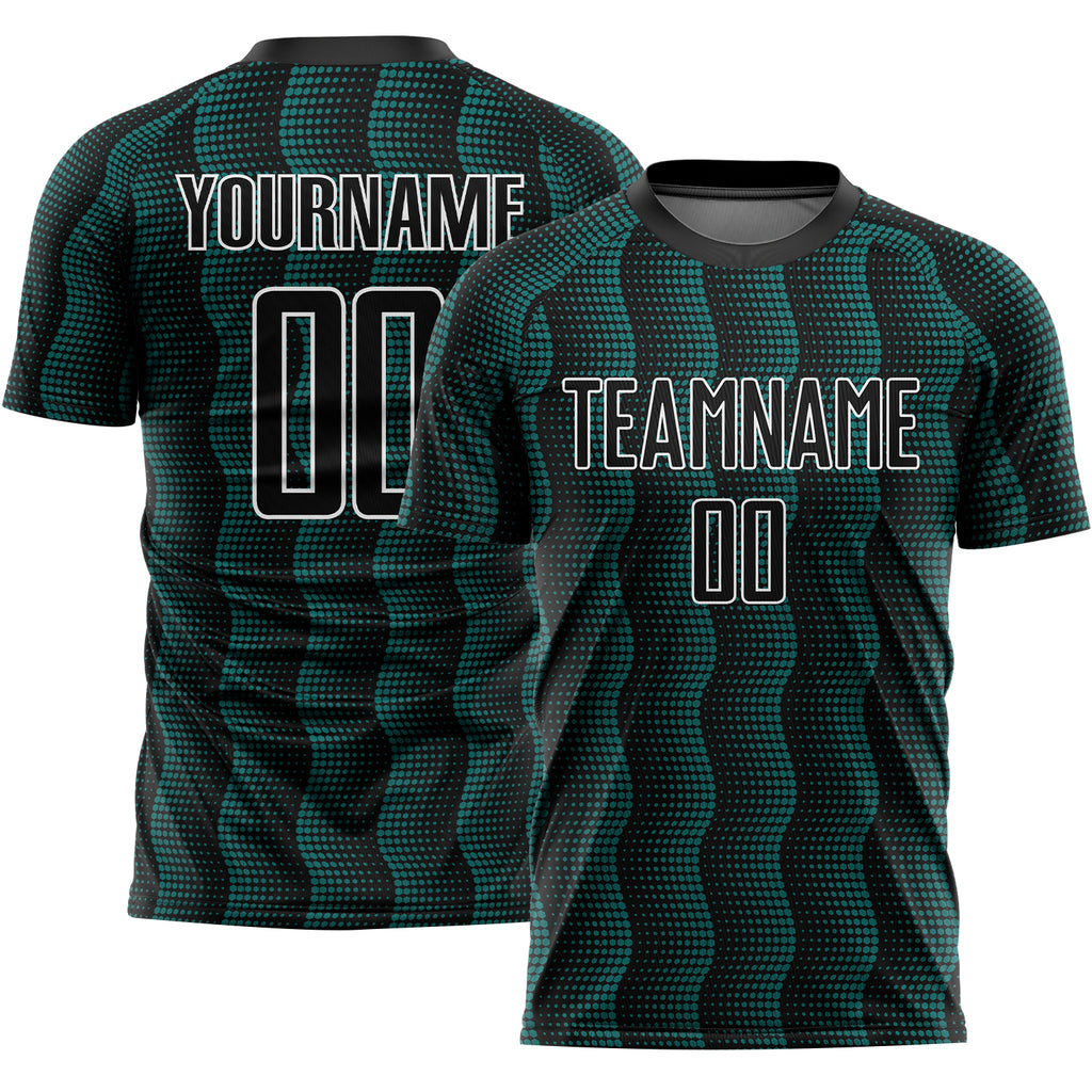 Custom Black Teal-White Geometric Shape Sublimation Soccer Uniform Jersey