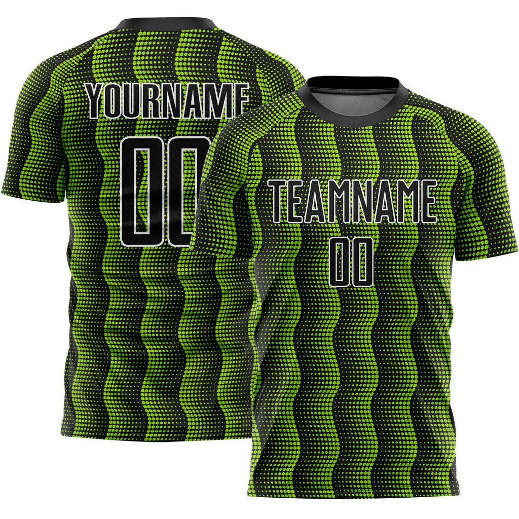 Custom Black Neon Green-White Geometric Shape Sublimation Soccer Uniform Jersey