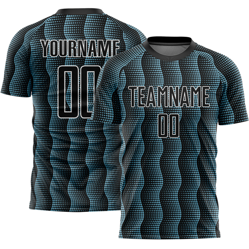 Custom Black Shadow Blue-White Geometric Shape Sublimation Soccer Uniform Jersey