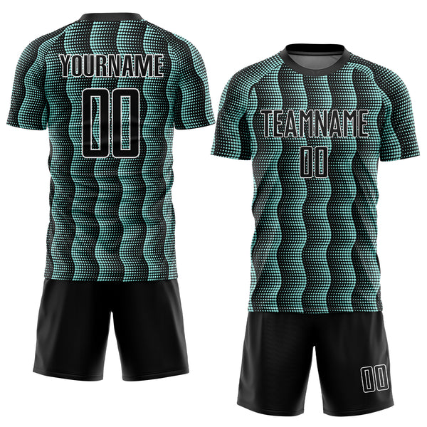 Custom Black Ice Blue-White Geometric Shape Sublimation Soccer Uniform Jersey