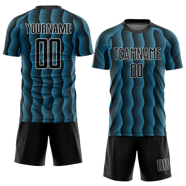 Custom Black Sky Blue-White Geometric Shape Sublimation Soccer Uniform Jersey