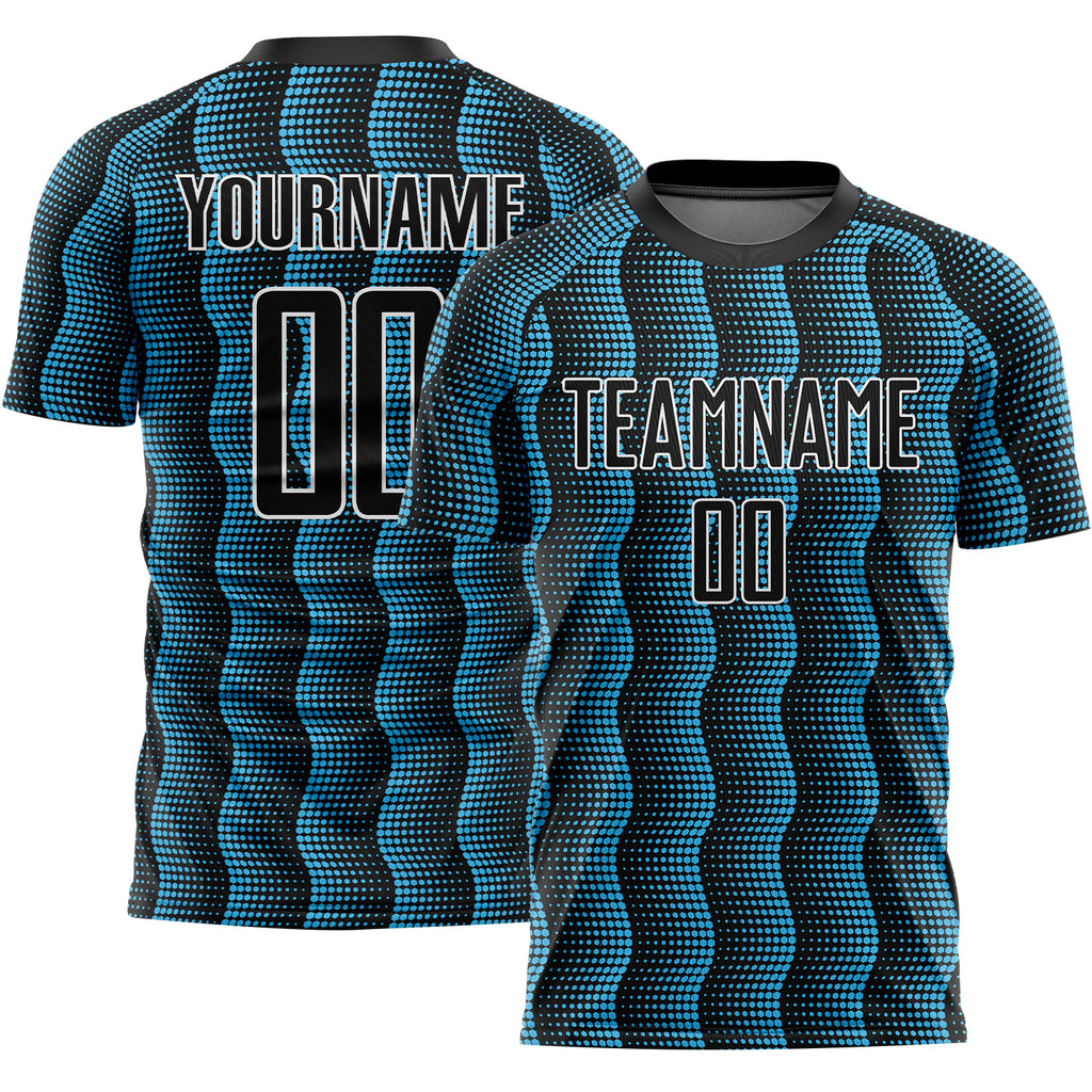 Custom Black Sky Blue-White Geometric Shape Sublimation Soccer Uniform Jersey