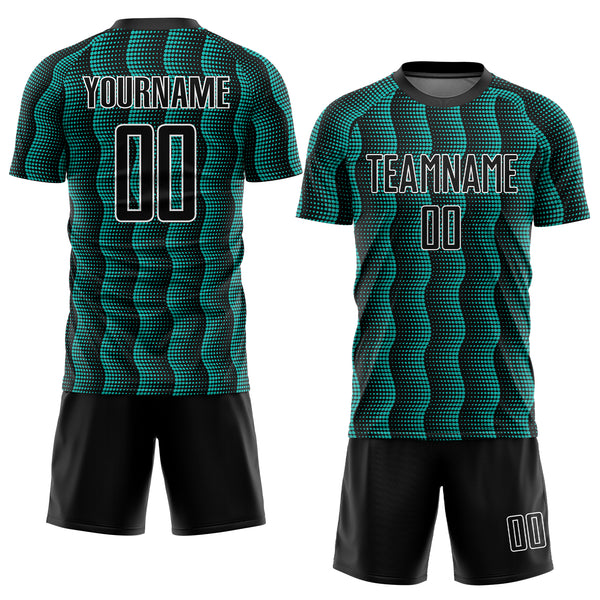 Custom Black Aqua-White Geometric Shape Sublimation Soccer Uniform Jersey