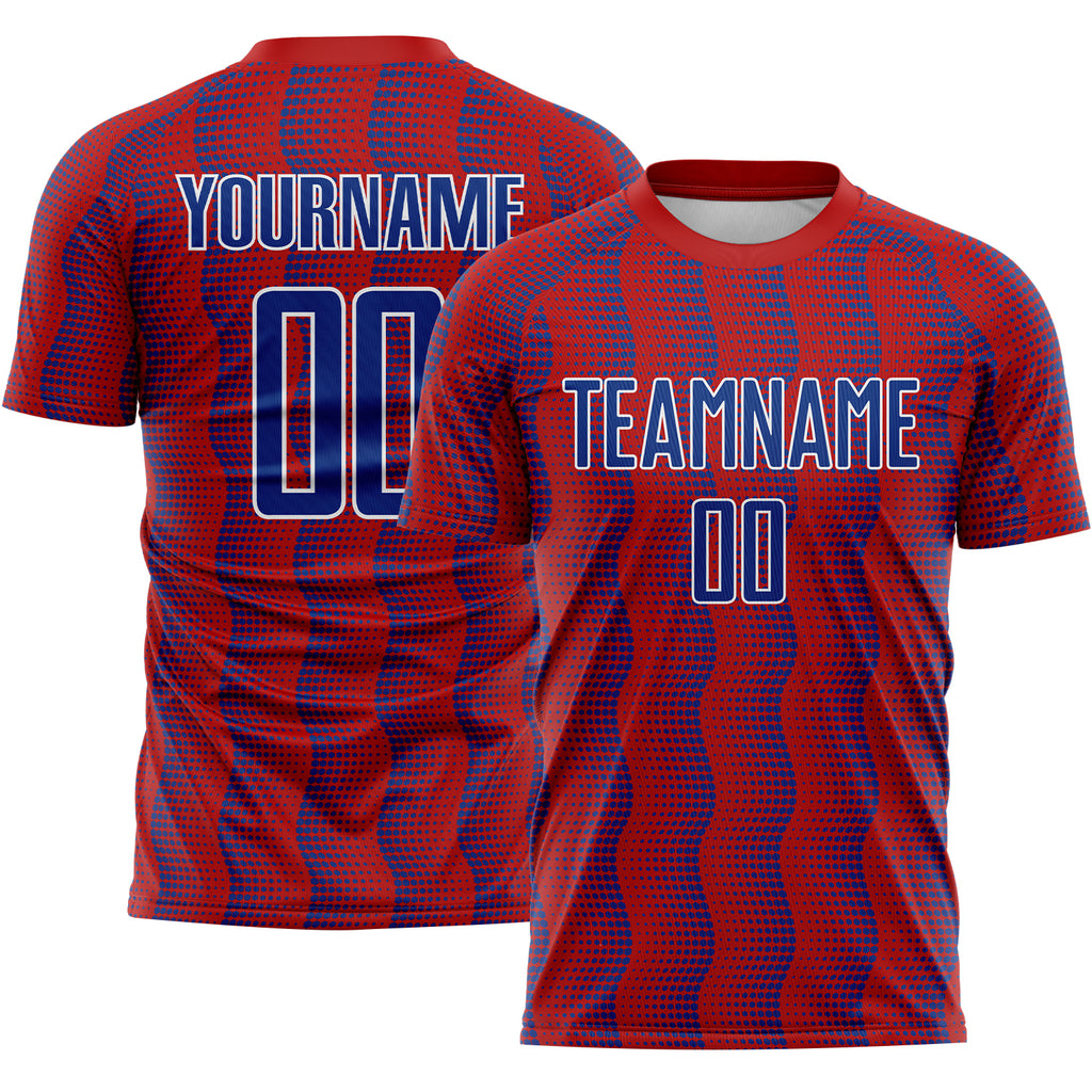 Custom Red Royal-White Geometric Shape Sublimation Soccer Uniform Jersey